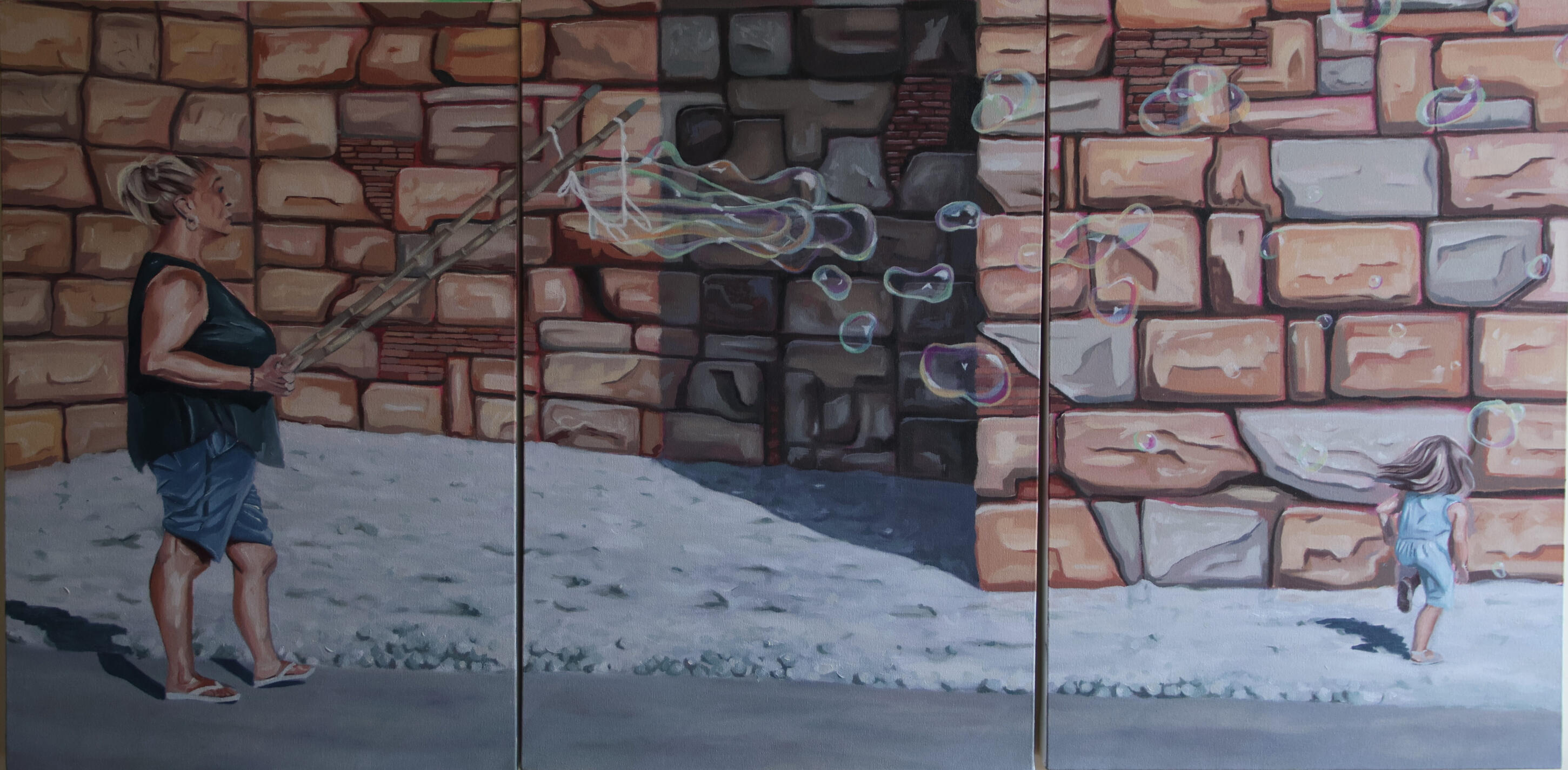 Bubbles, 2026. Oil on stretched canvas. 24 x 48 inches total, of a triptych of 24 x 16 inches. Bubbles, 2026. Oil on stretched canvas. 24 x 48 inches total, of a triptych of 24 x 16 inches.